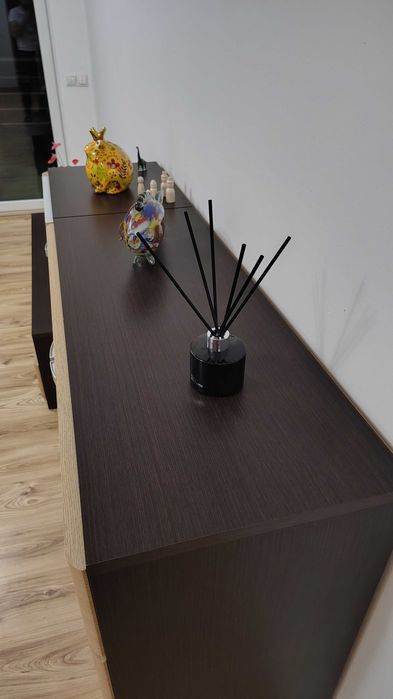 DUŻY ZESTAW MEBLI SALONOWYCH wenge/jasne drewno (Komoda, Witryna, RTV)