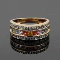 Złoty pierścionek obrączka z kolorowymi szafirami i diamentami 9K