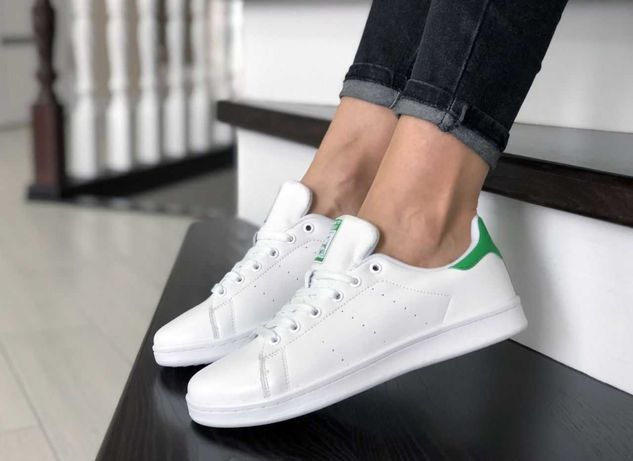 Adidas Stan Smith (белые с зелёным) женские кроссовки