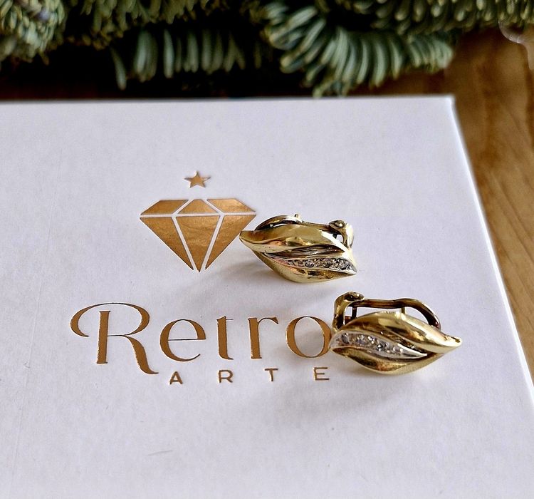 Retro kolczyki złoto 14 k diamenty 0.06 ct 4.39 g certyfikat