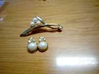 Conjunto Novo: Brincos e Alfinete de adorno banhados a ouro e pérolas