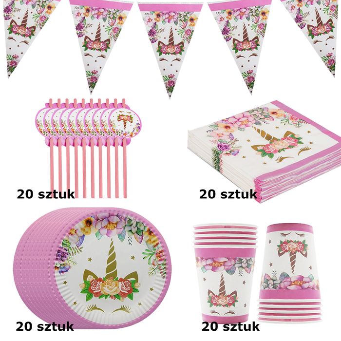 ZESTAW naczyń JEDNOROŻEC 2 Urodziny Kubki Talerze Serwety Słomki 81szt