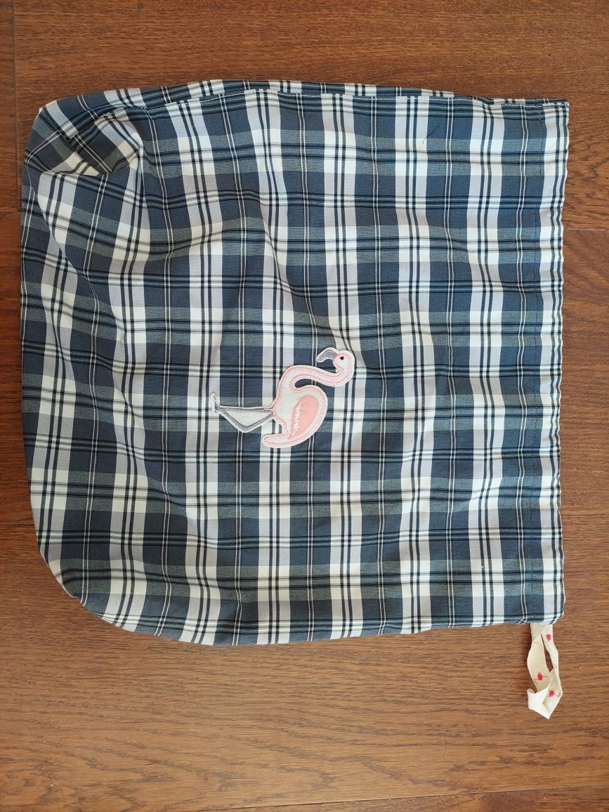 Worek na buty w kratę z naszywką flaminga/ torba dla dzieci