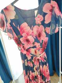 Granatowa plisowana sukienka w kwiaty XL