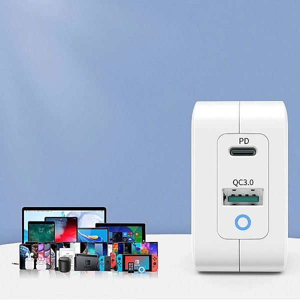 Choetech szybka ładowarka sieciowa GaN USB Typ C PD USB-A QC3.0/65W 3,