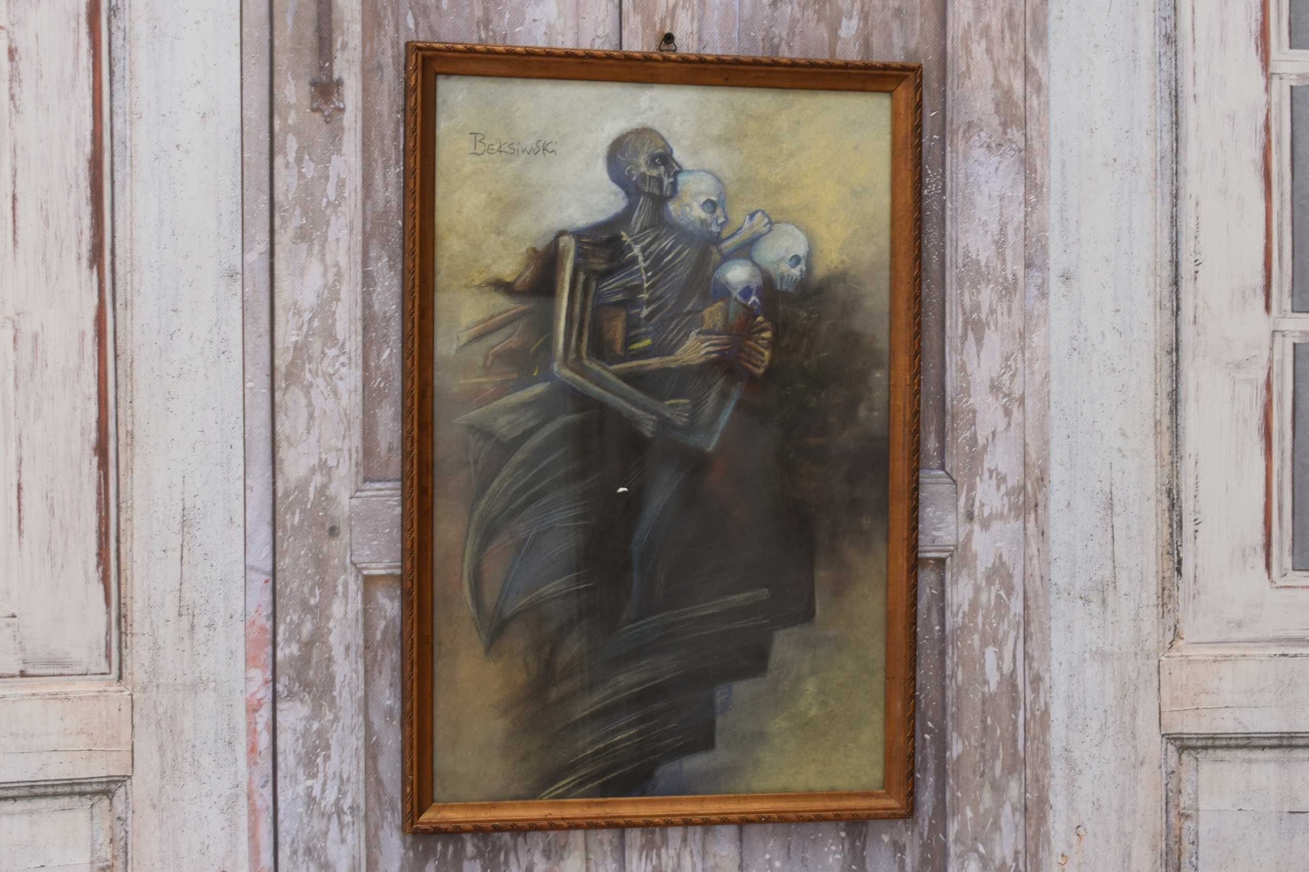 Beksiński - Pastel na Kartonie za Szkłem - Stary Obraz - Abstrakcja