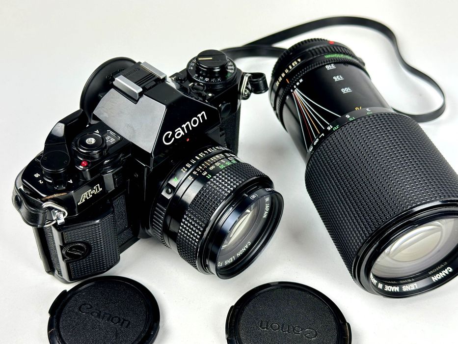 Canon A‑1 + FD 50 mm f/1.4 + FD 70–210 mm f/4 – pełny zestaw analogowy