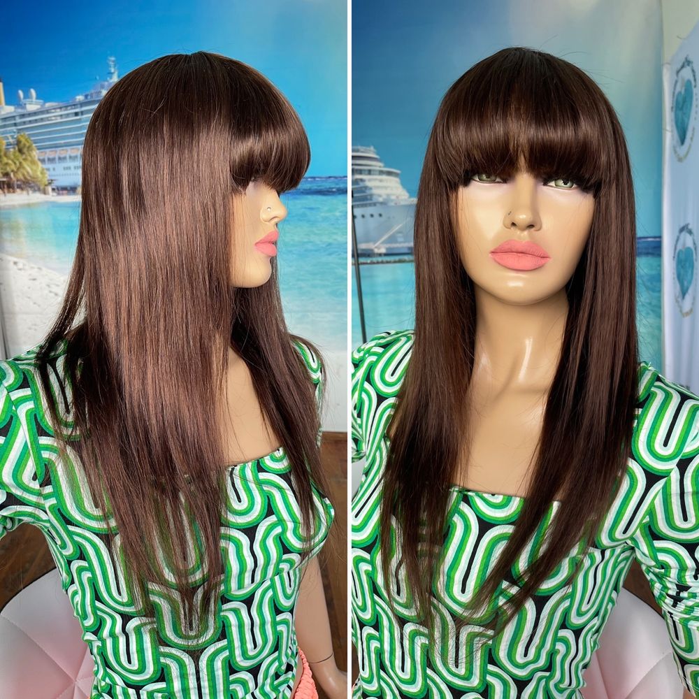 Натуральный парик с чёлкой славянские коричневые волосы 55 см русые