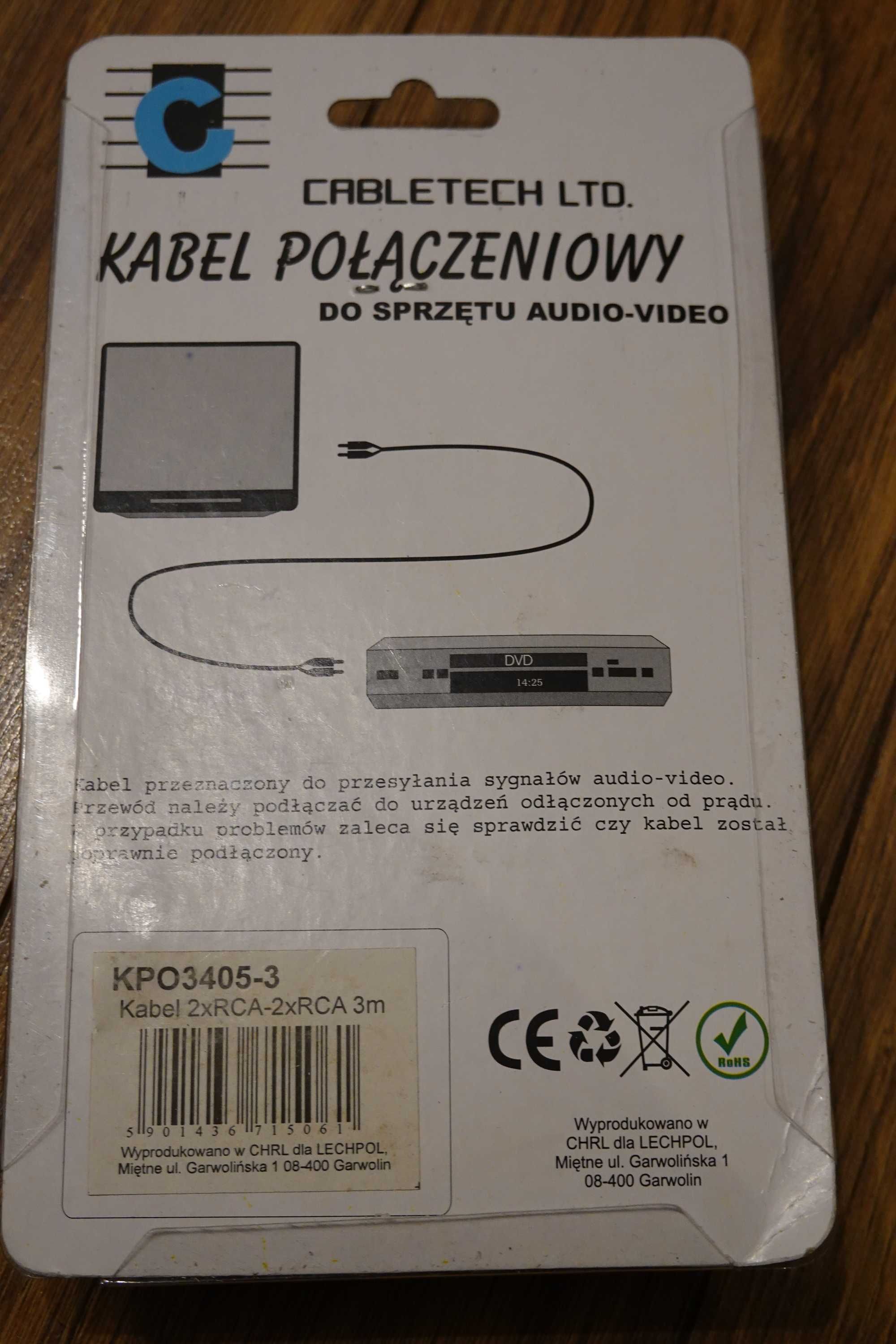 kabel 2xRCA to 2xRCA szary nowy 3m