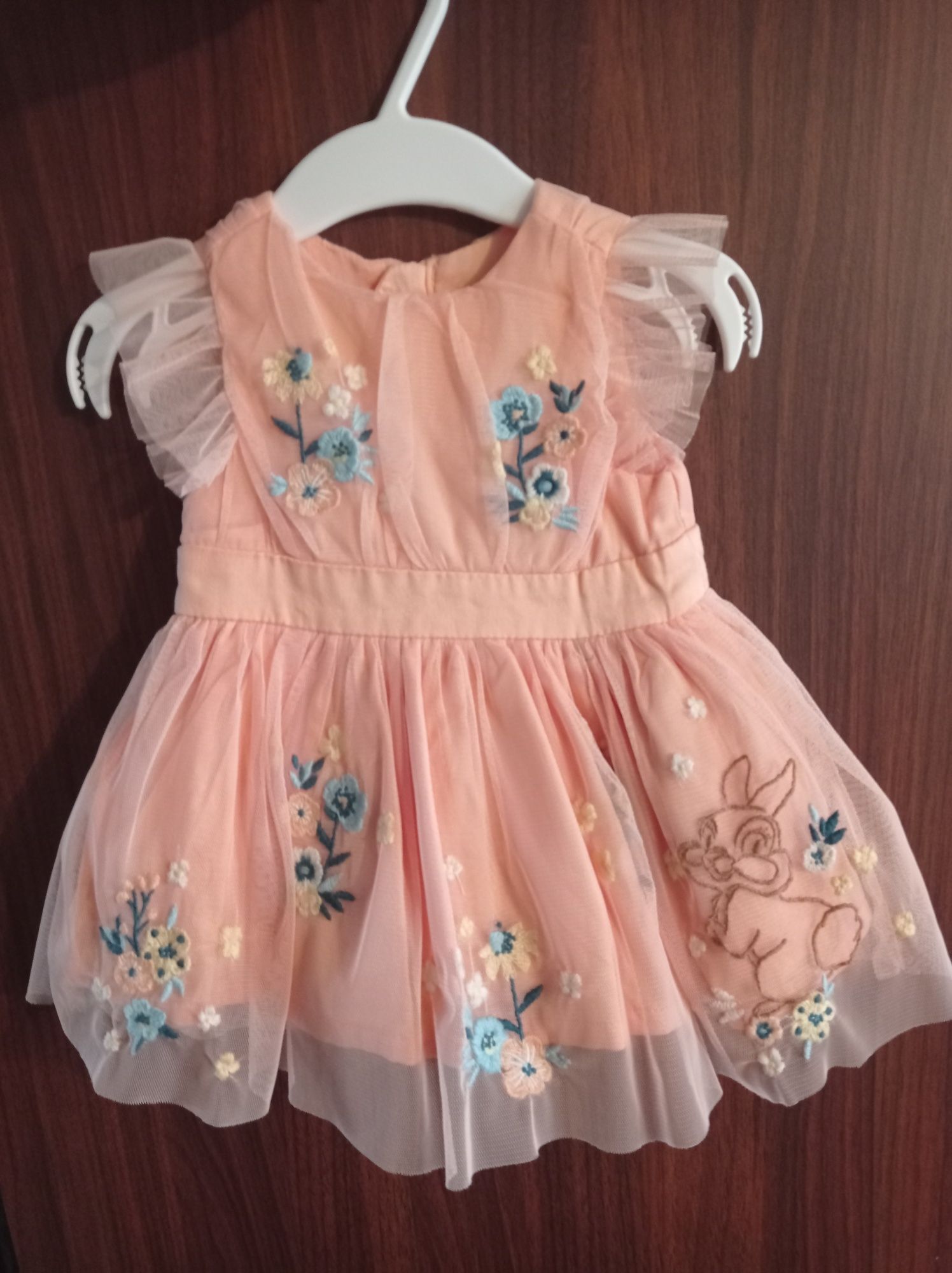 Sukienka, sukieneczka, morelowa, kwiatki Disney Baby r. 62
