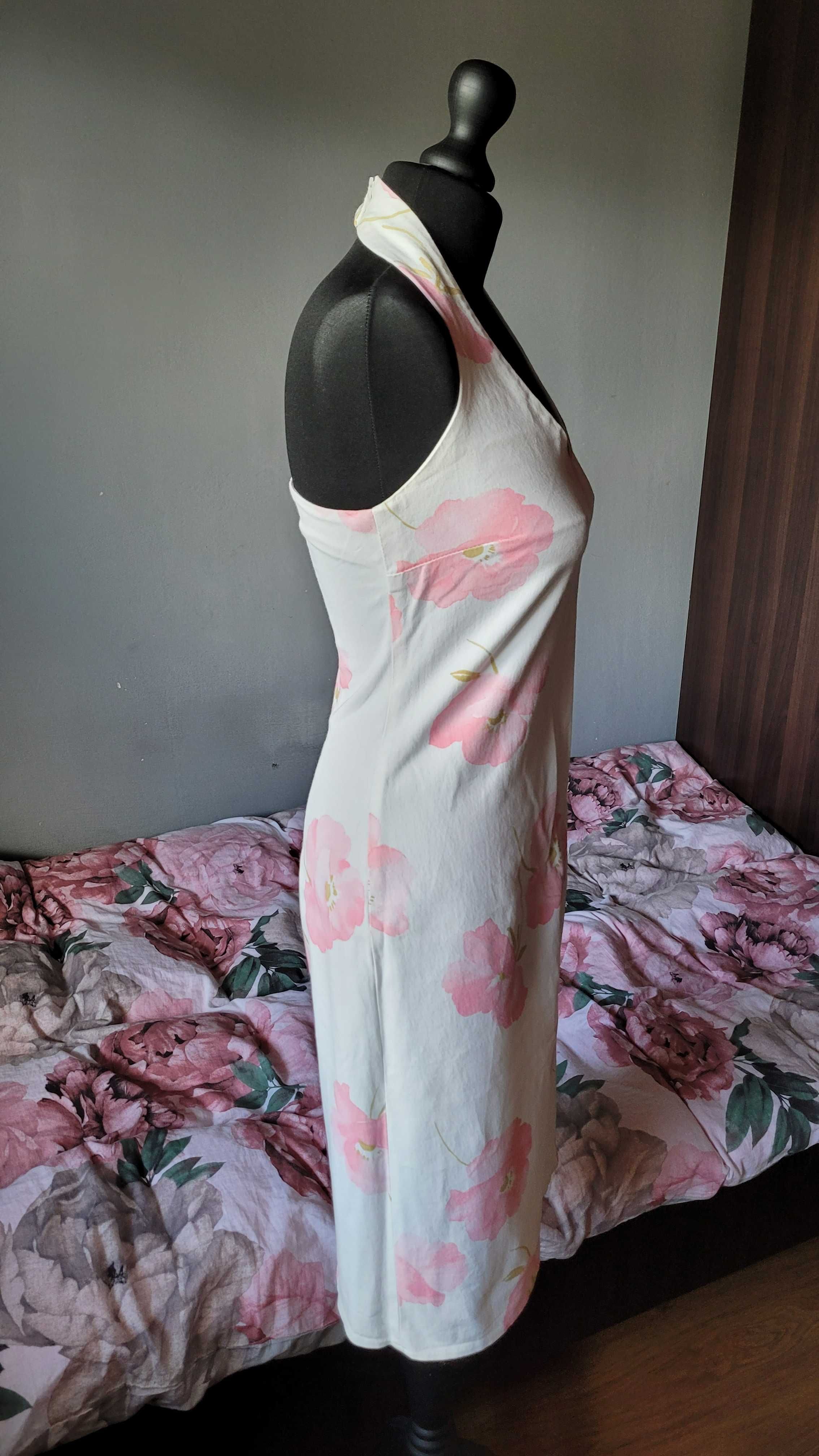 Biała sukienka midi kwiaty dopasowana z zapięciem na karku bez pleców