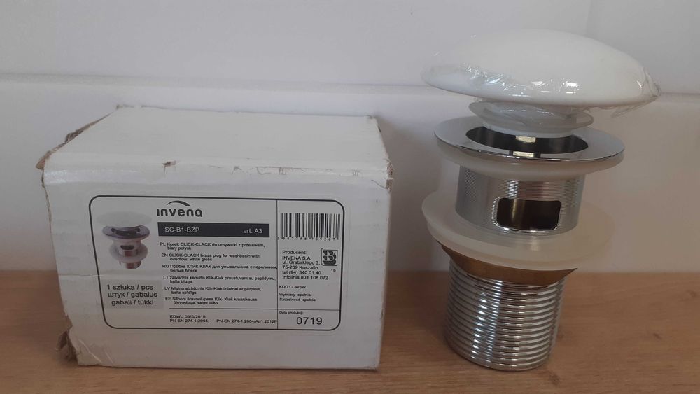 korek klik-klak invena z przelewem SC-B1-BZP BIAŁY