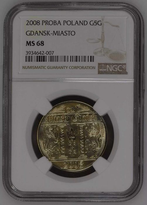 5 Guldenów, Au, złoto, Gdańsk, nakład 4 szt. NGC MS68, R7, rzadkie