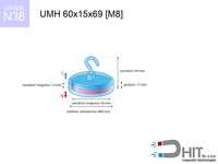UMH 60x15x69 [M8] [N38] to mocny magnes z gwintem wewnętrznym i