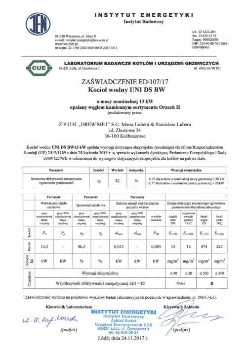Kocioł DREW-MET UNI DS BW 13 kW - 5 klasa - ED - zasypowy / tradycyjny