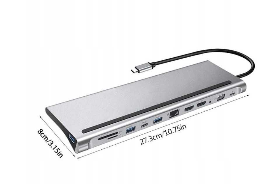 Hub USB USB-C MST 12w1, HDMI, VGA, LAN, USB, AV przejściówka