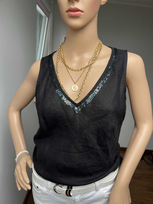 Top H&M 100% Len Letni Czarny Rozmiar L-XL boho old money boho