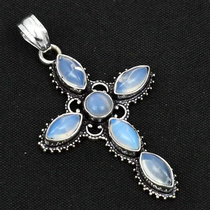 Zawieszka, krzyżyk z kamieniem naturalnym Opalit, opal. Próba 925