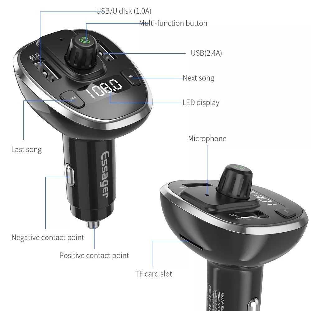 Carregador USB Essager,Transmissor FM,Bluetooth 5.0,Receptor áudio,MP3