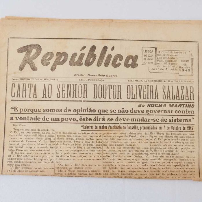 Jornal "A República" - 4 de novembro de 1945, Carta a Oliveira Salazar