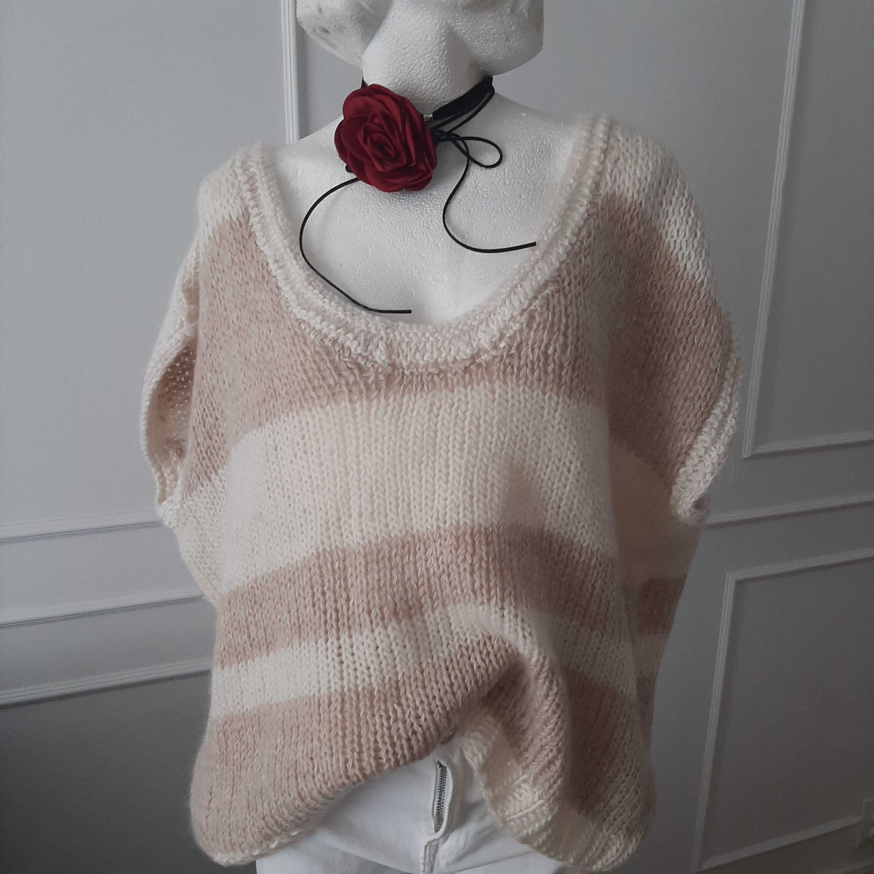 Hand made bezrękawnik wełna wool krem beż