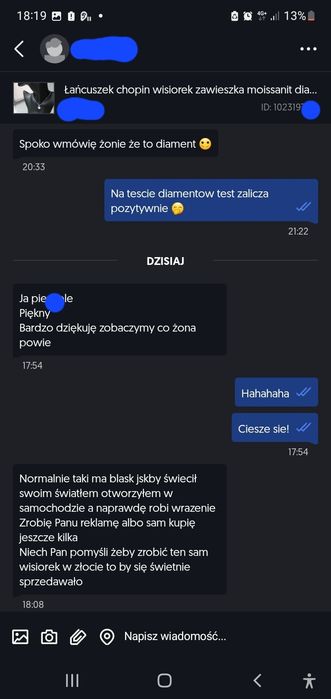 Łańcuszek chopin wisiorek zawieszka moissanit diament sterling GWARANC