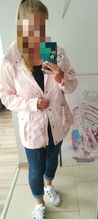 Parka kurtka wiosna jesień, pudrowy róż, złote, kaptur, nowa, roz S 36