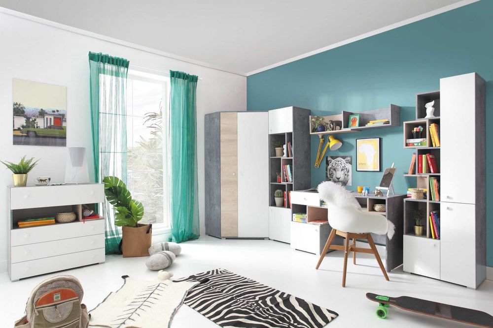 Zestaw Mebli młodzieżowych Biel beton Szafa + komoda duża szuflady