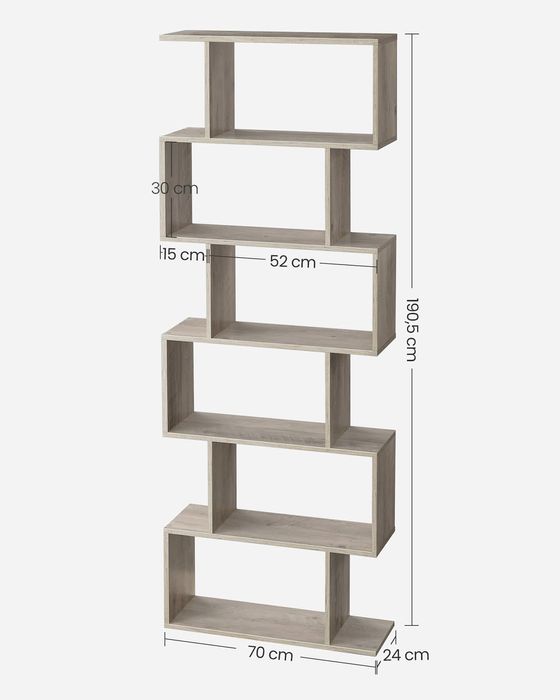 Regał na książki wysoki asymetryczny dekoracyjny 6poziomów 70x24x190,5