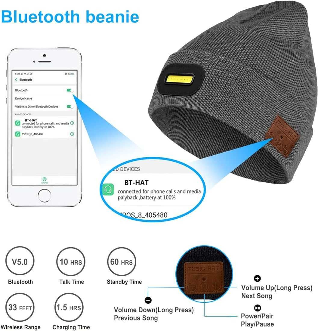 Gorro fones de ouvido Bluetooth V5 USB recarregável lavável c luz LED