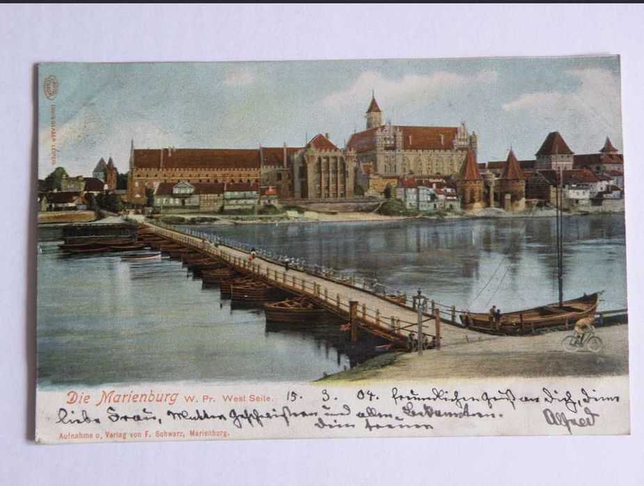 Pocztówka MALBORK MARIENBURG zamek, most łyżwowy, stempel 1904, obieg