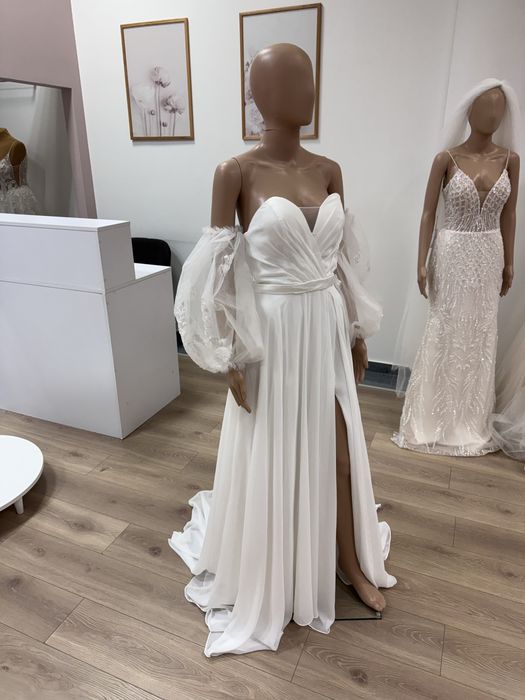 Nowa muślinowa sunia ślubna z gorsetem i bufkami gładka boho 38