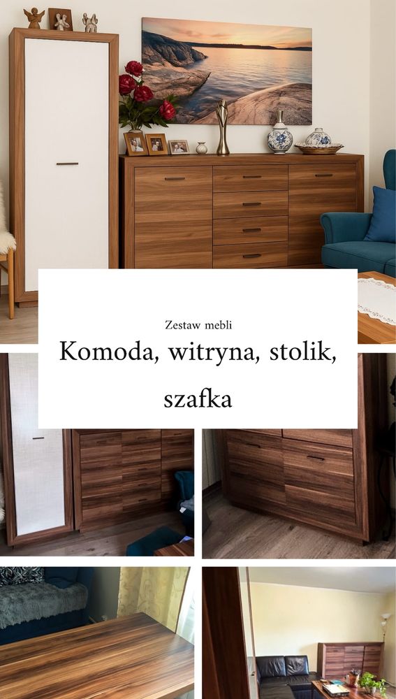 Komplet mebli w kolorze brązu komoda, szafka, witryna, stolik