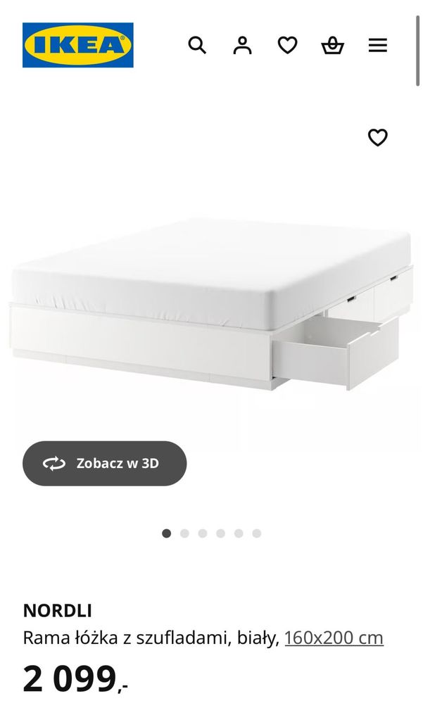 Lóżko ikea nordli 160 200 białe z szufladami
