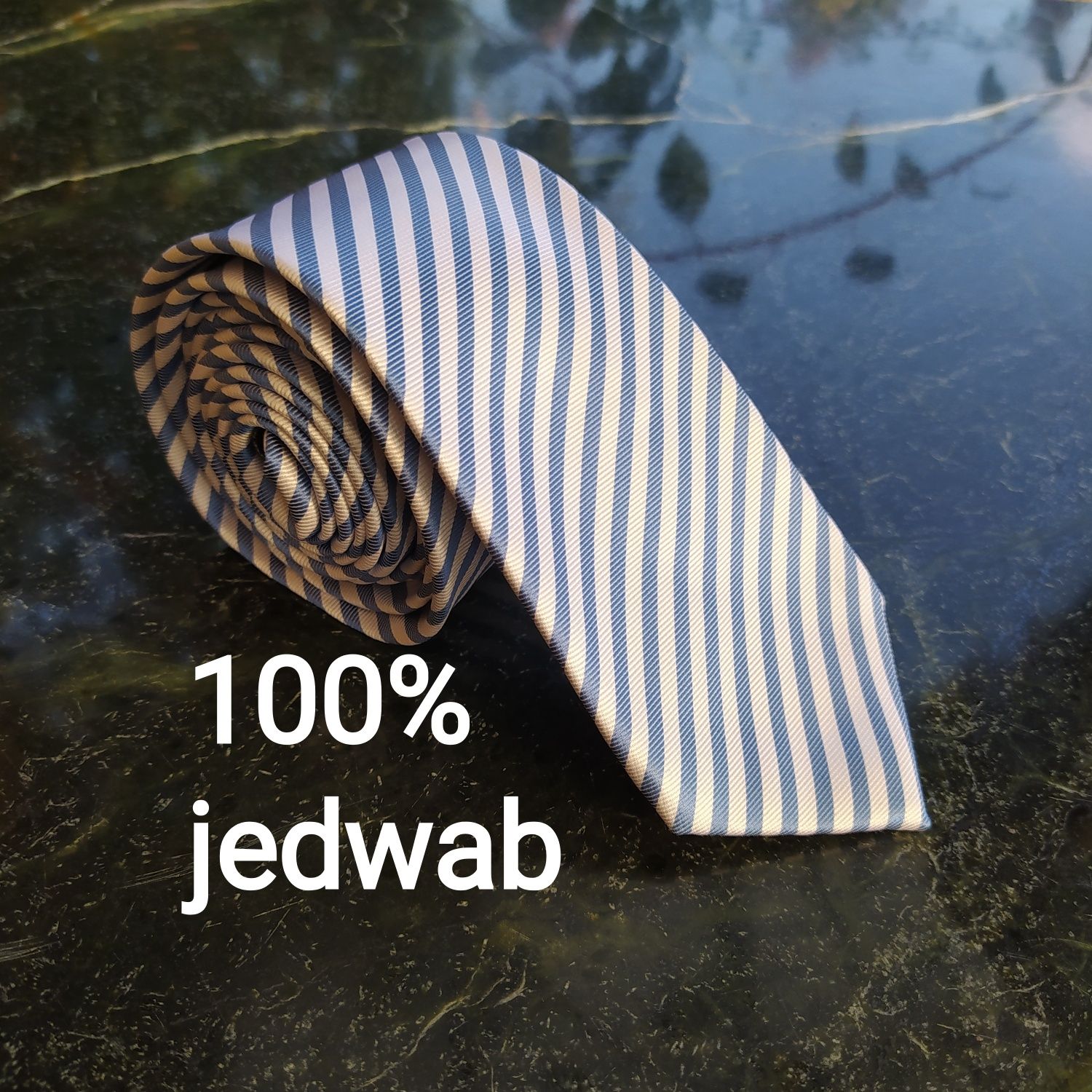 Krawat jedwabny 100% jedwab paski biało niebieskie DdlDavid