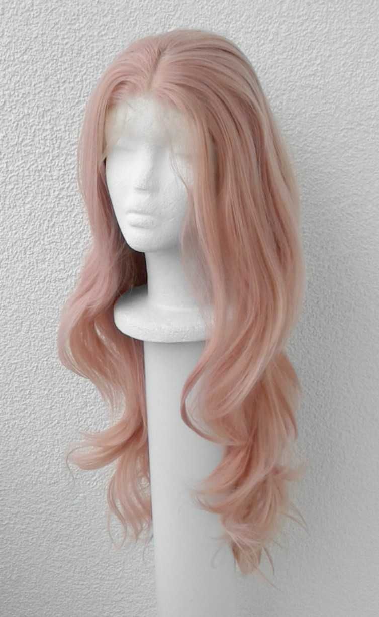 Lace Front brzoskwiniowa peruka wig cosplay falowana z przedziałkiem