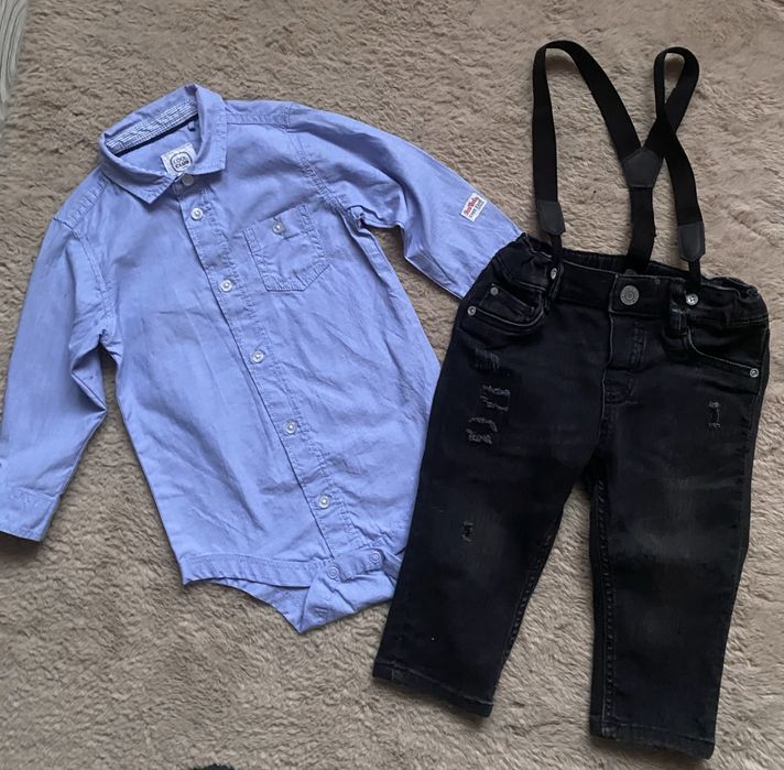 Komplet chłopięce casualowy jeansy z szelkami H&M + koszula body 74-80