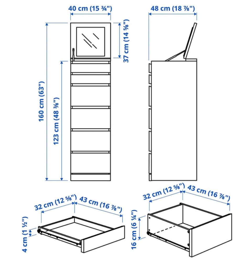 Ikea MALM cómoda com 6 gavetas e espelho