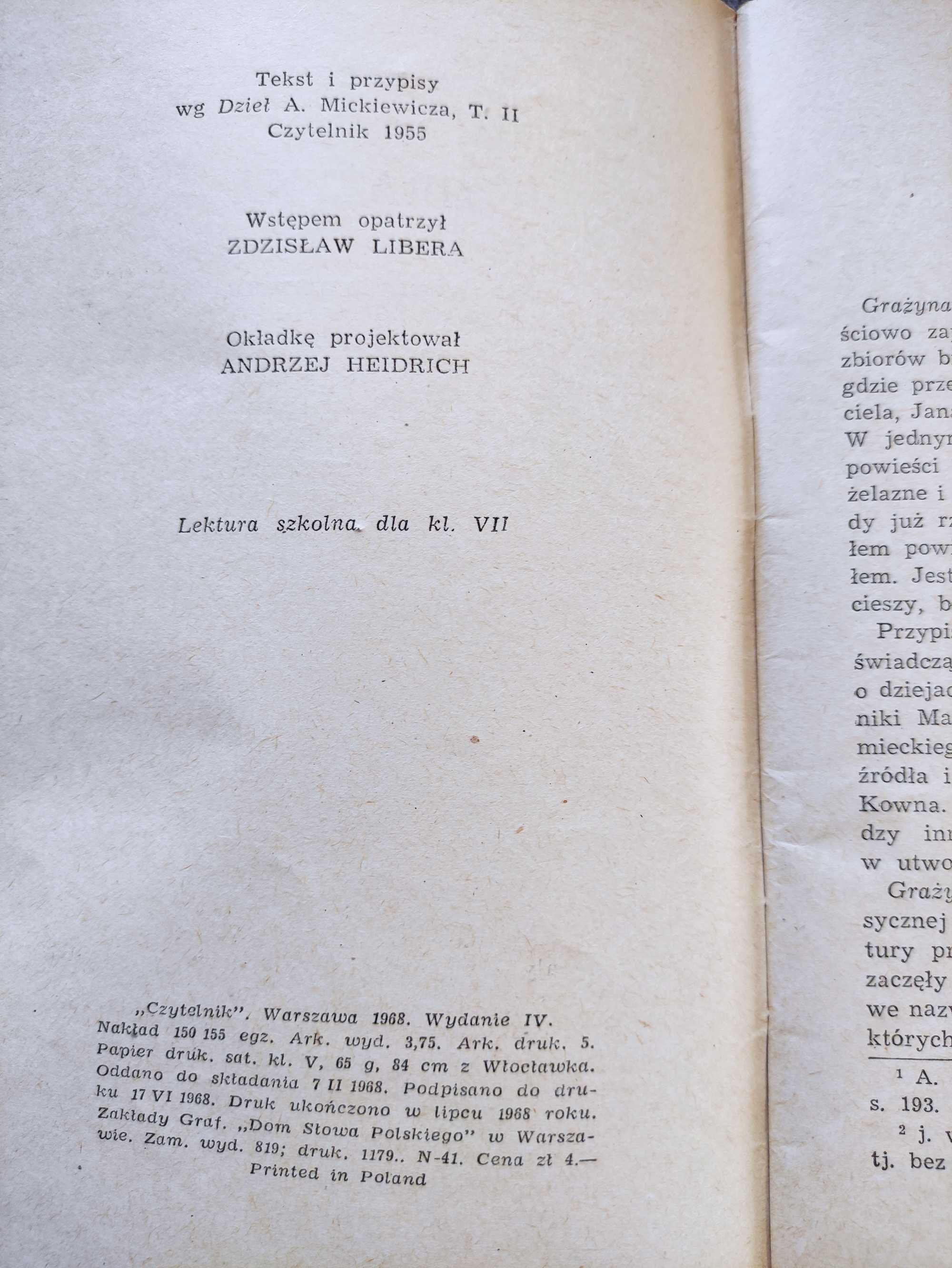 Książka "Grażyna" Adam Mickiewicz Wydanie Czytelnik 1968