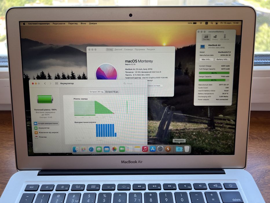 БАТАРЕЯ 8 годин MacBook Air 13 A1466 2015, 8/128Гб