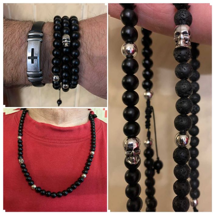 Мужские стильные Четки Браслет Бусы Лава Шунгит череп