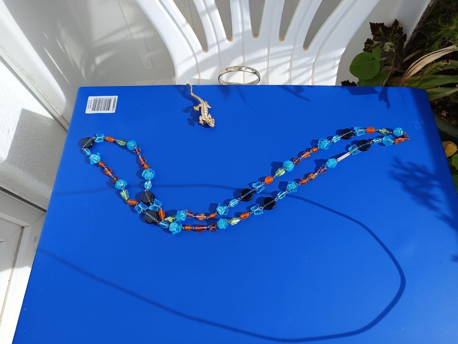 Anel antigo com pedra e pulceira de prata antigaColar vidro Murano  c