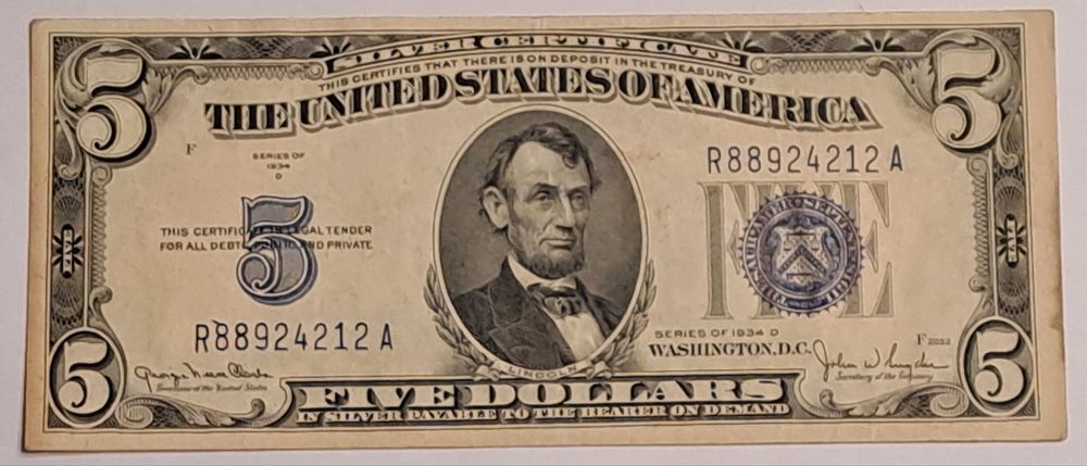 5dolarów USA z 1934r.D Niebieska pieczęć.