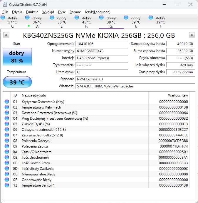 Dysk SSD M.2 kioxia kbg40zns256h