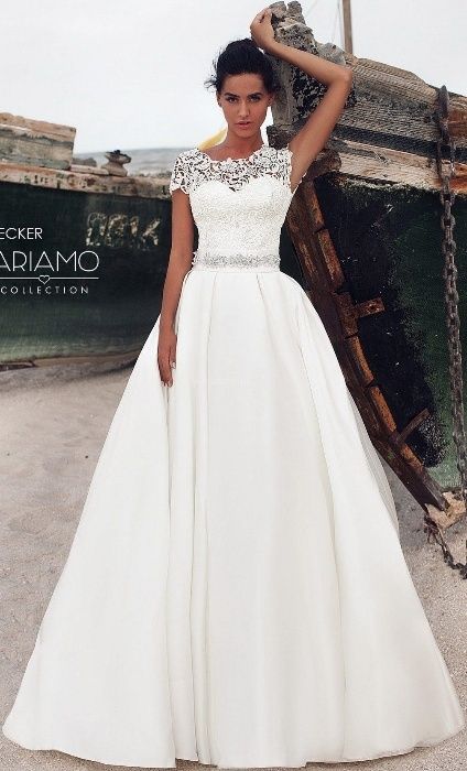 Piękna elegancka suknia ślubna Ariamo koronka satyna koło 38-40
