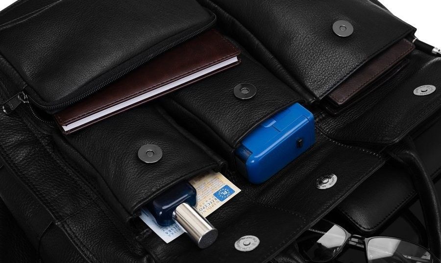elegancka skórzana torba na laptopa ze schowkami
