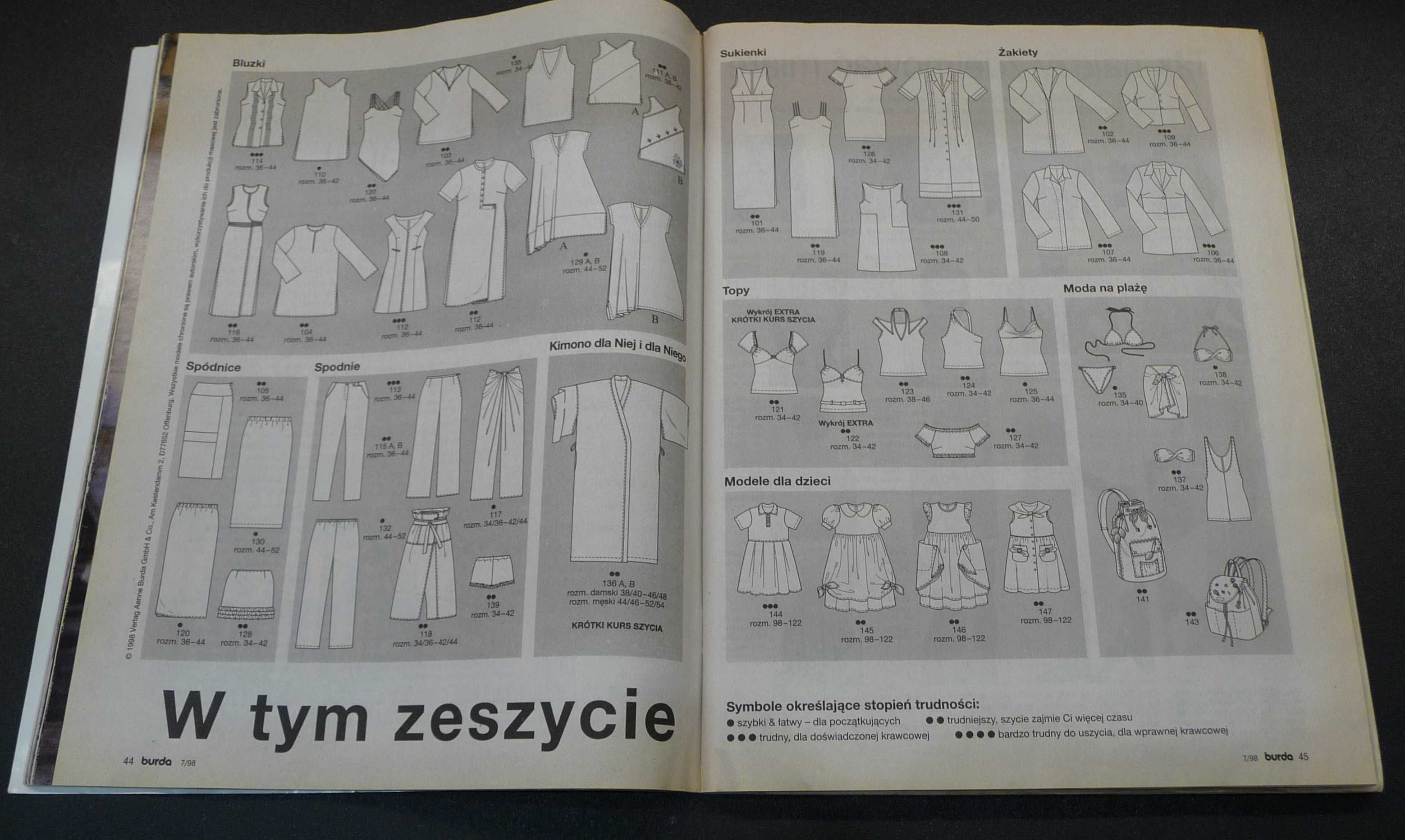 Burda 7/1998. Moda, wykroje krawieckie, krawiectwo, szycie.