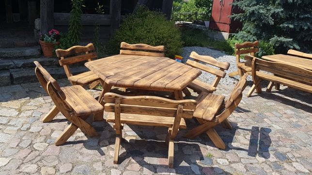 Meble ogrodowe ławki stoły- komplet drewniany (średnica 160cm)