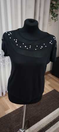 Bluzka damska czarna z ozdobnym dekoltem z siateczki rozm S-M