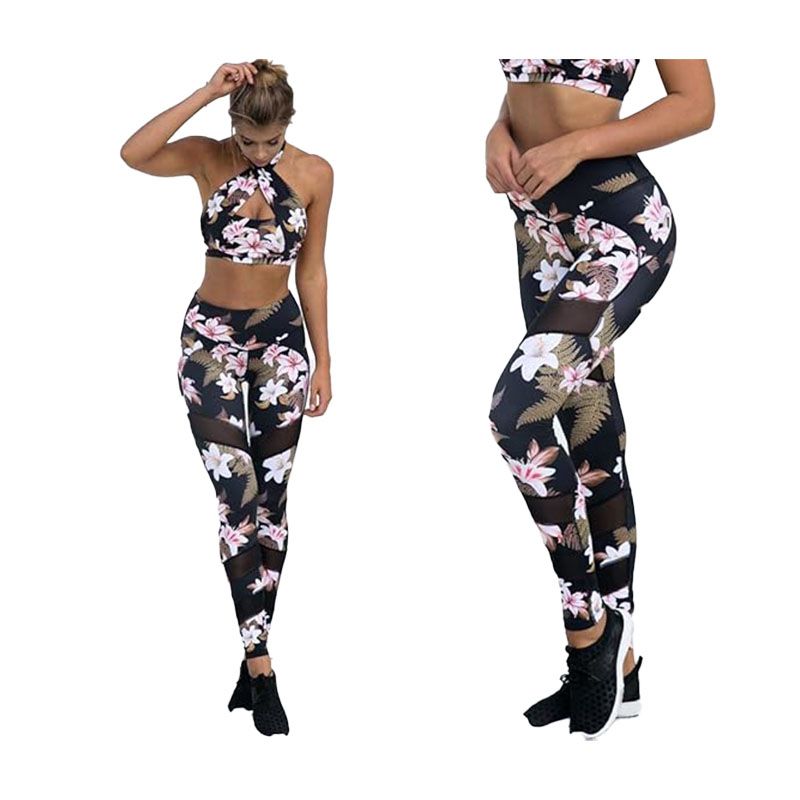 Damski komplet sportowy XL top legginsy Fitness kwiaty